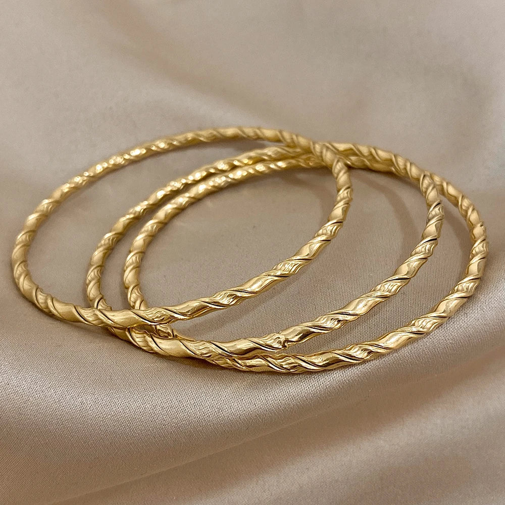 3PCS Gold Color Twist Stainless Steel Bangle Set – Chic Tibetan Buddha-Inspired Stackable Bracelets for Women - Image 2