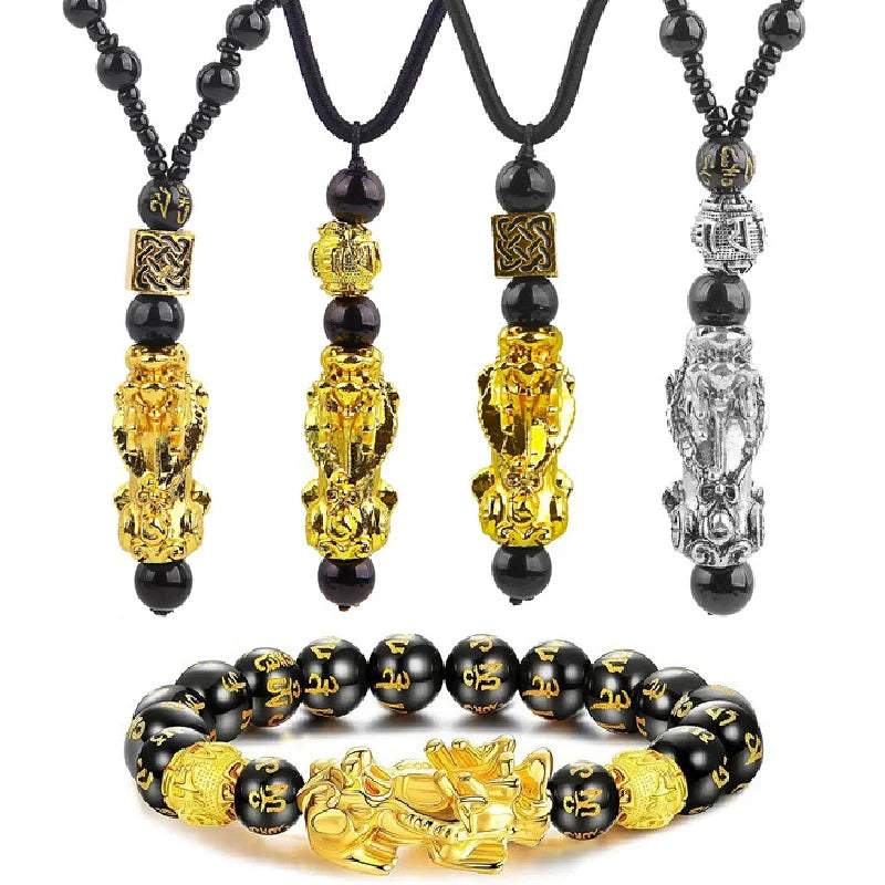 3PCS/Set Pixiu Feng Shui Jewelry – Obsidian Bracelet, Ring & Necklace Set for Wealth & Good Luck - Image 2