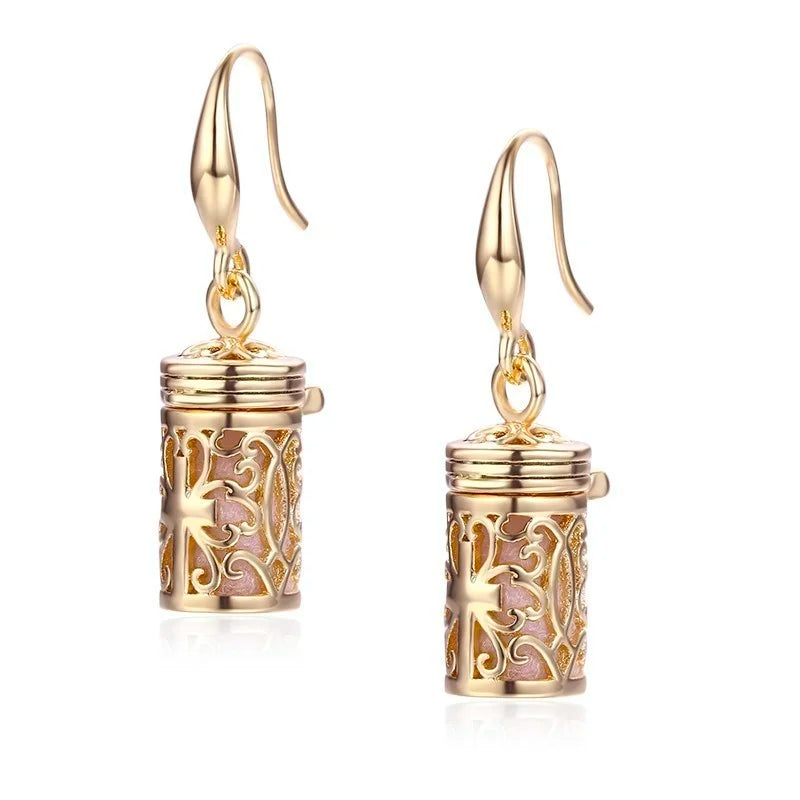 Hollow Out Filigree Cross Perfume Bottle Earrings – Gold Essential Oil Diffuser Jewelry for Women & Girls - Image 8