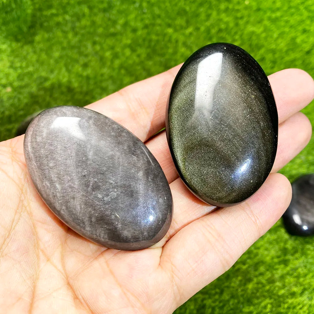 1PC Silver Golden Obsidian Palm Stone – Natural Oval Crystal for Feng Shui, Healing & Meditation - Image 7