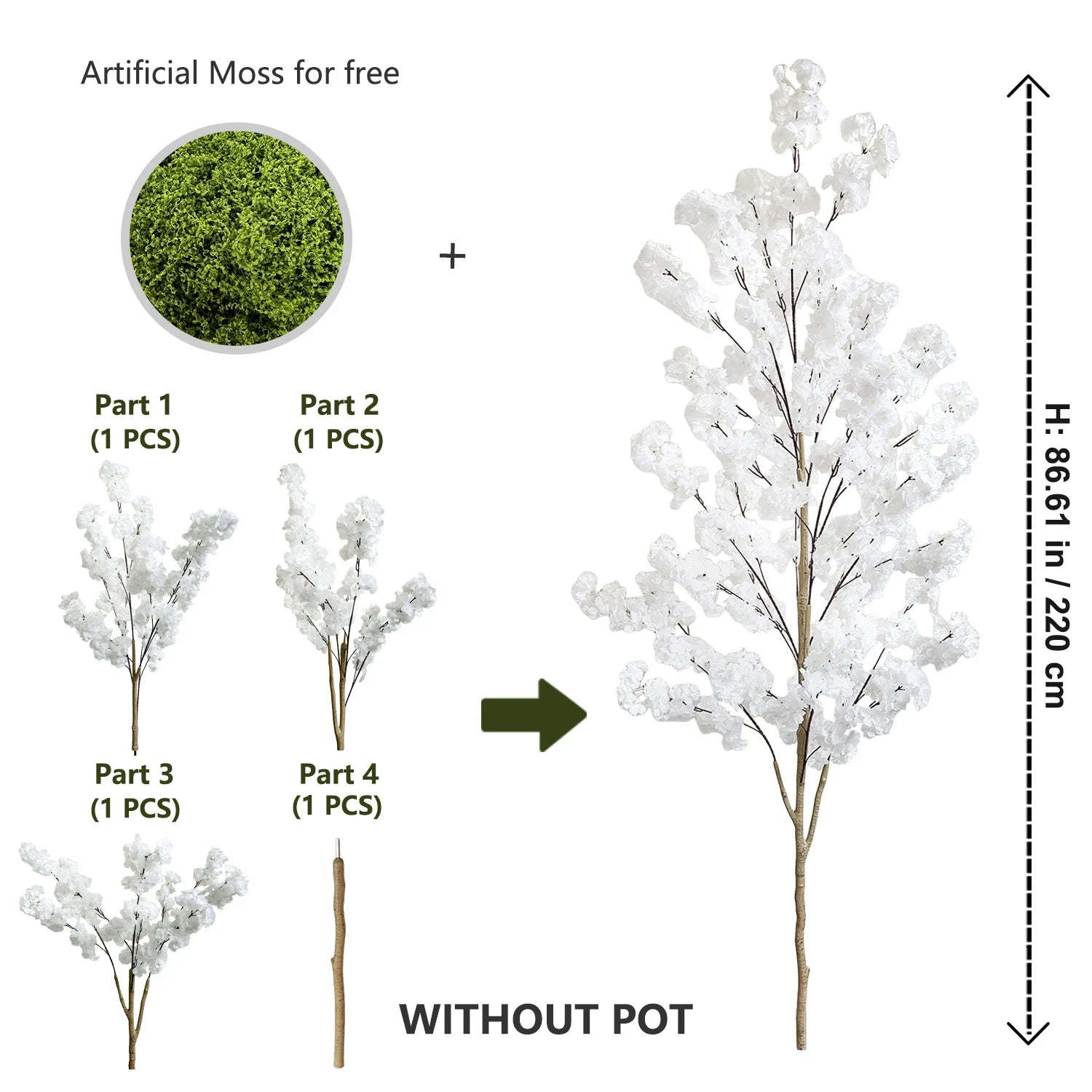 100–220cm Artificial White Cherry Blossom Tree – Faux Silk Leaves with Natural Trunk for Home & Wedding Decor - Image 7