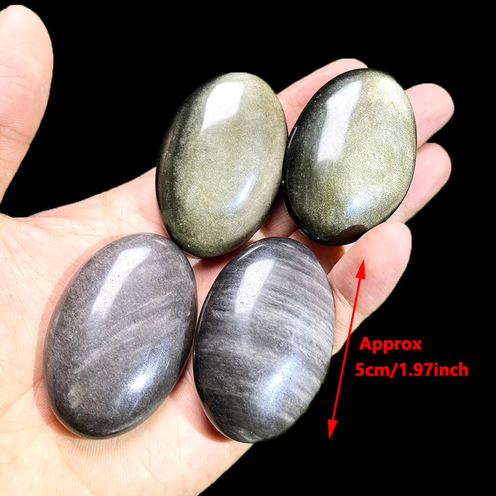 1PC Silver Golden Obsidian Palm Stone – Natural Oval Crystal for Feng Shui, Healing & Meditation - Image 3